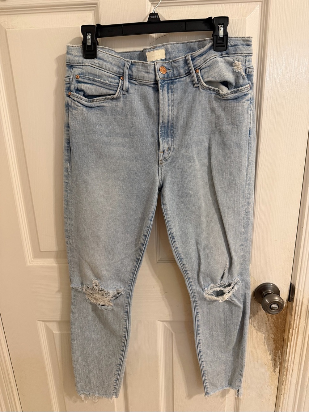 MOTHER Light Blue Distressed Ankle Cropped Jeans